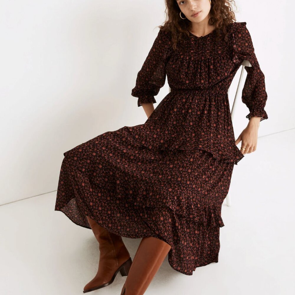 Madewell (Re)sourced Georgette Tiered Ruffle Midi Dress in Orchard Floral xxs